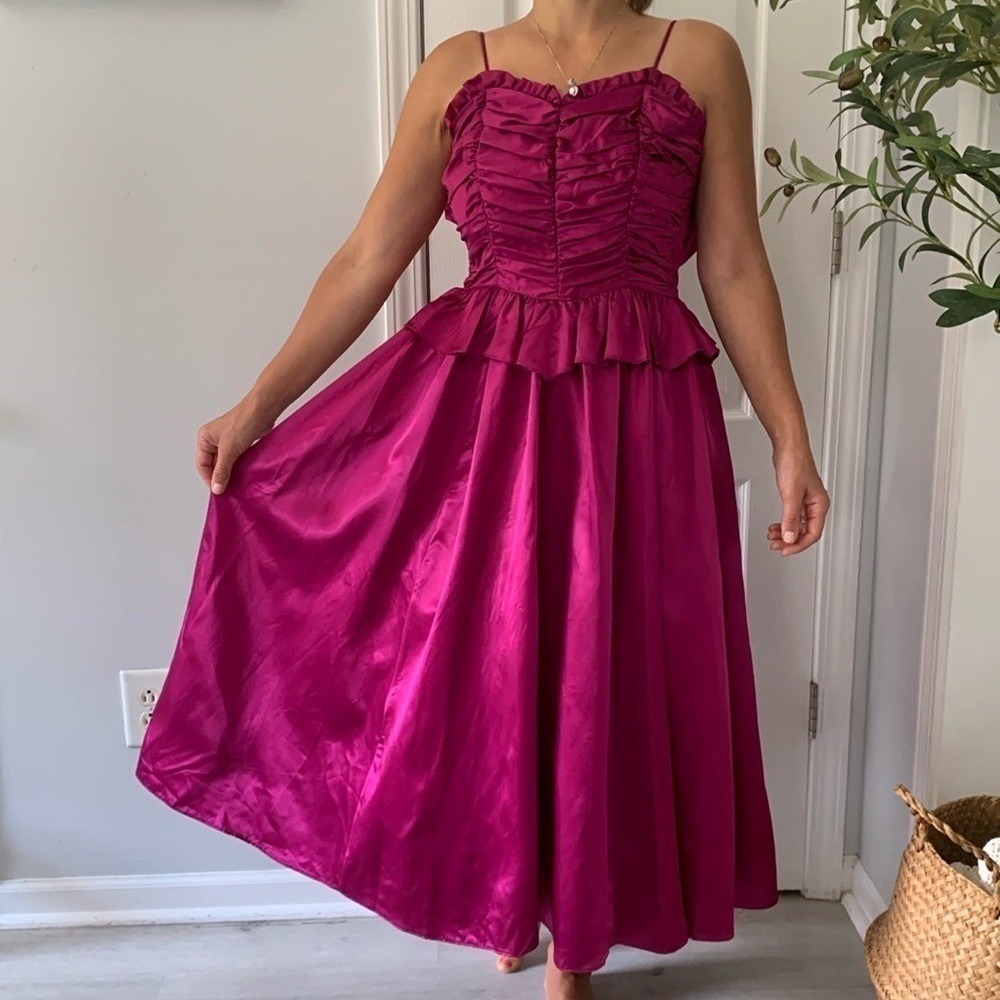 Gunne Sax‎ Jessica McClintock XS satin cocktail dress romantic Fuchsia ruched